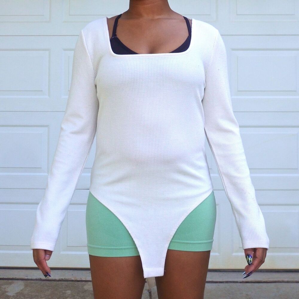 NWT New Day Cream Ribbed Bodysuit L Long Sleeve Square Neck Off White Knit Flaw
